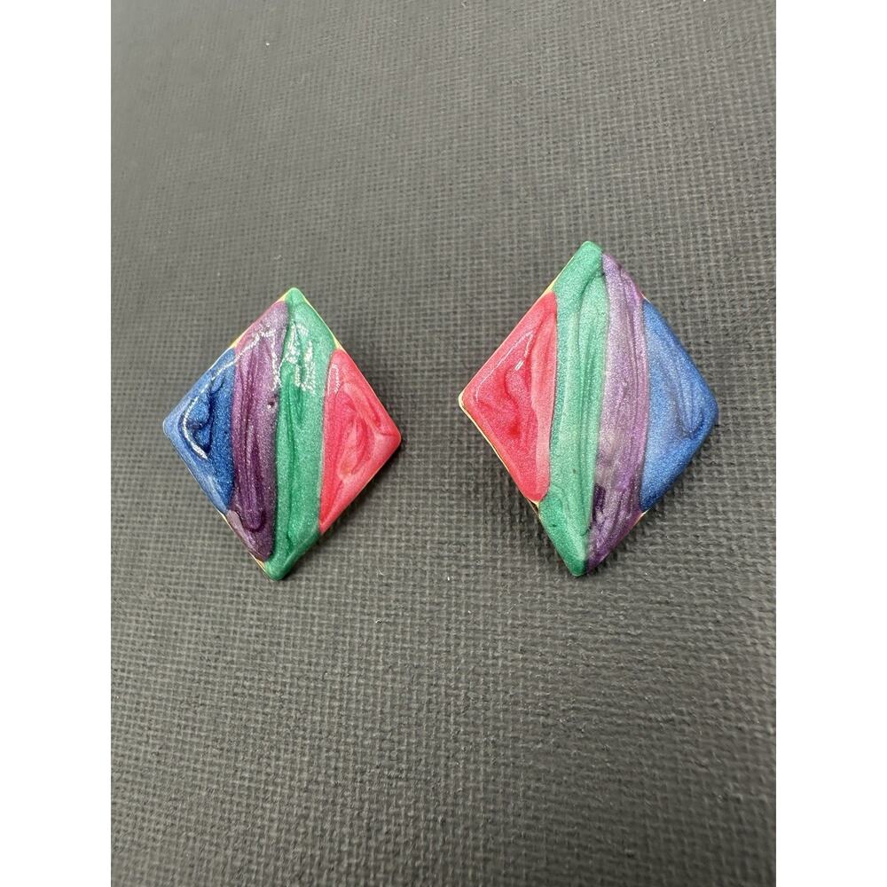 VTG 80s 90s Funky Enamel Earrings Diamond Rainbow Colorful Bright Big Post Fun